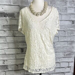 Planet Elegant Cream Lace Short Sleeve V-Neck Top